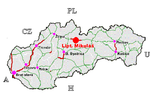 mapa slovenska se situačním bodem místa dovolené